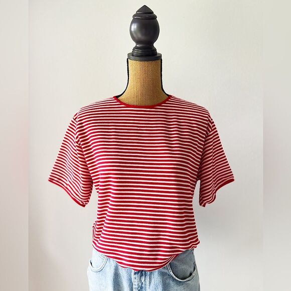 Vintage Tops - Vintage Red & White Striped Baggy Short Sleeve T-Shirt